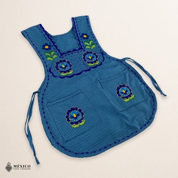 Blue Mexican Embroidered Smock Apron – Floral Traditional Design for Women - Picture 5 of 8